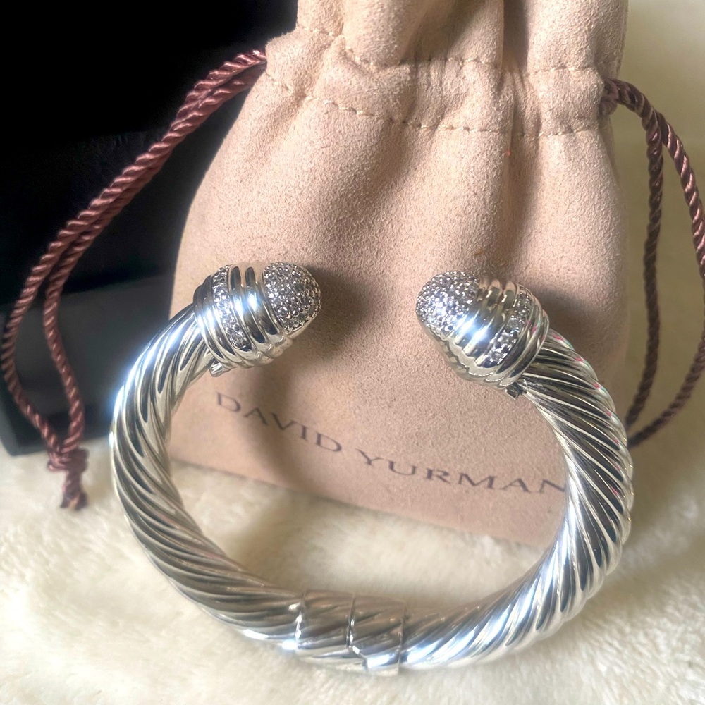 Authentic David Yurman Sterling Silver Pave Diamond hinged 10mm cuff bangle